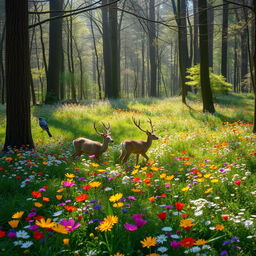 A tranquil spring forest glade abundant with colorful wildflowers, creating a vibrant and lively scene