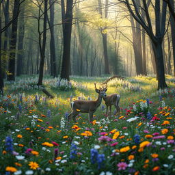 A tranquil spring forest glade abundant with colorful wildflowers, creating a vibrant and lively scene