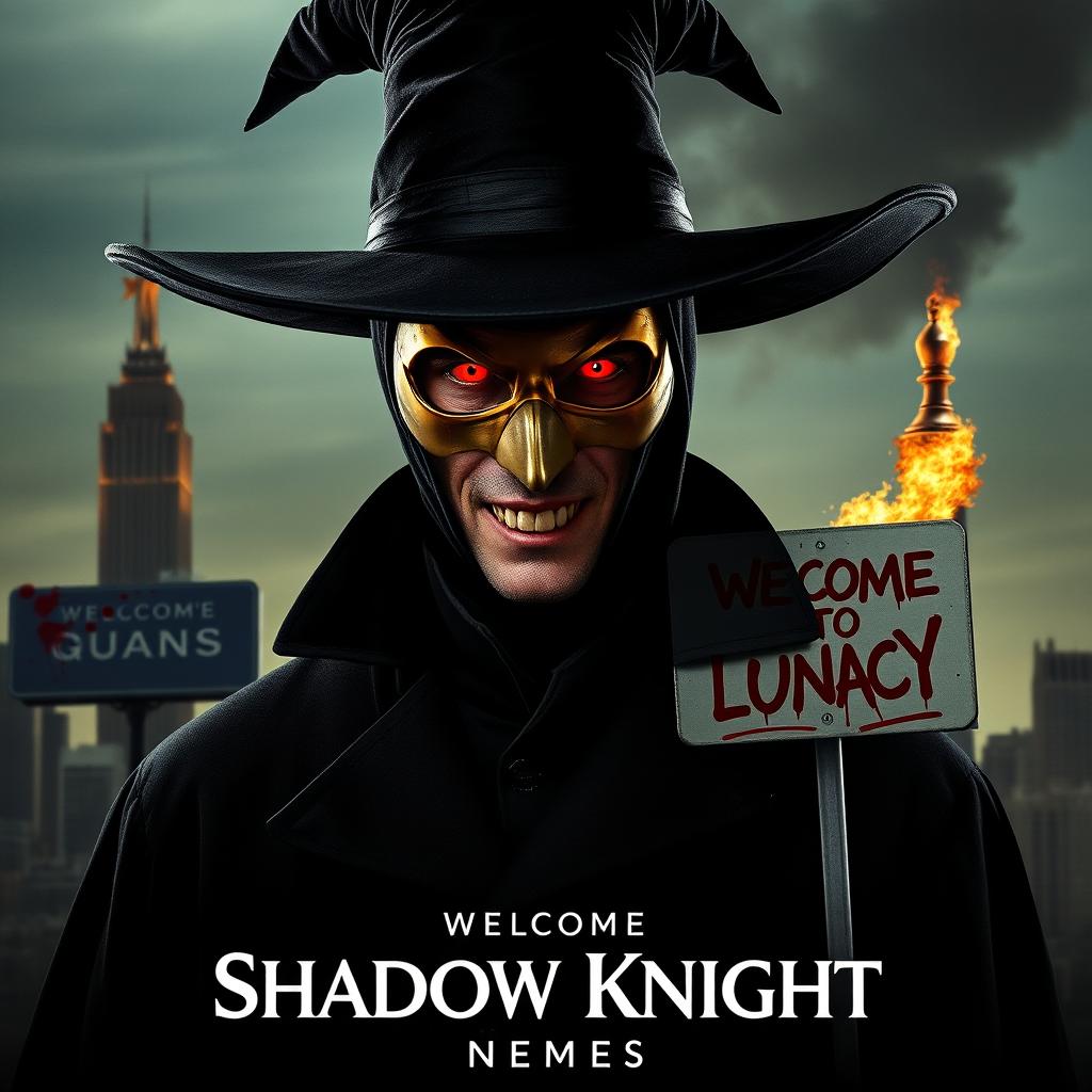 A parody of "The Dark Knight" poster featuring a man in a black wide-brimmed puritan witch hat and black coat