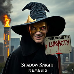 A parody of "The Dark Knight" poster featuring a man in a black wide-brimmed puritan witch hat and black coat