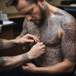 Captivating photos of tattoo artists engrossed in their work, creating intricate designs with precision and passion.