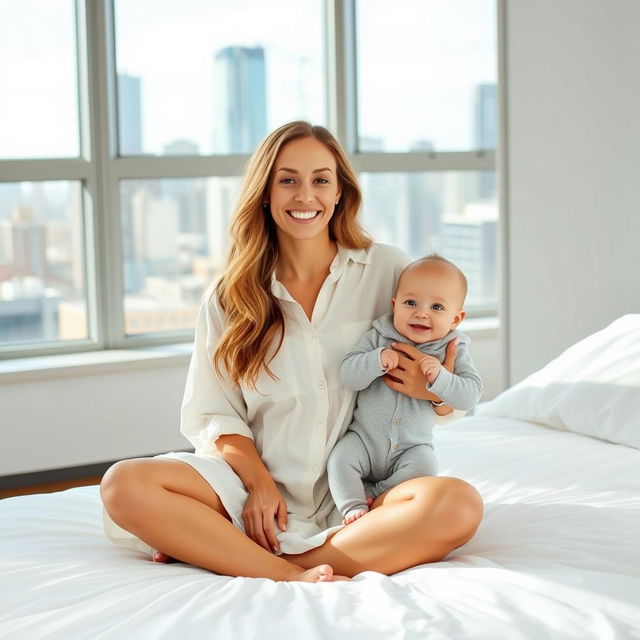 A smiling woman with long, wavy hair sits on a white bed, wearing a loose, white button-up dress, holding a cheerful baby in a light gray onesie