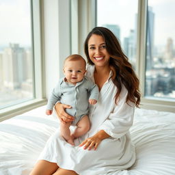 A smiling woman with long, wavy hair sits on a white bed, wearing a loose, white button-up dress, holding a cheerful baby in a light gray onesie