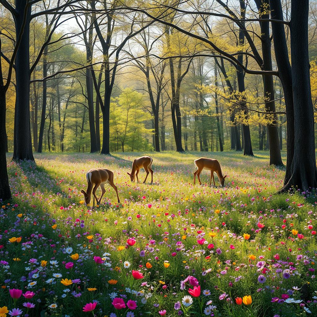 A tranquil spring forest glade adorned with a vibrant carpet of colorful wildflowers, providing a picturesque landscape