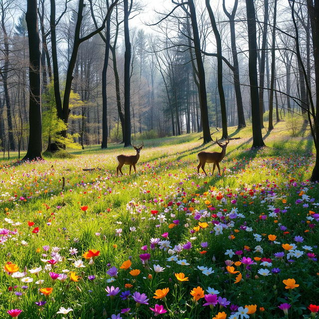 A tranquil spring forest glade adorned with a vibrant carpet of colorful wildflowers, providing a picturesque landscape