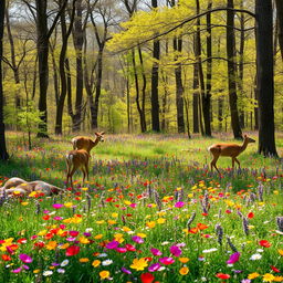 A tranquil spring forest glade adorned with a vibrant carpet of colorful wildflowers, providing a picturesque landscape