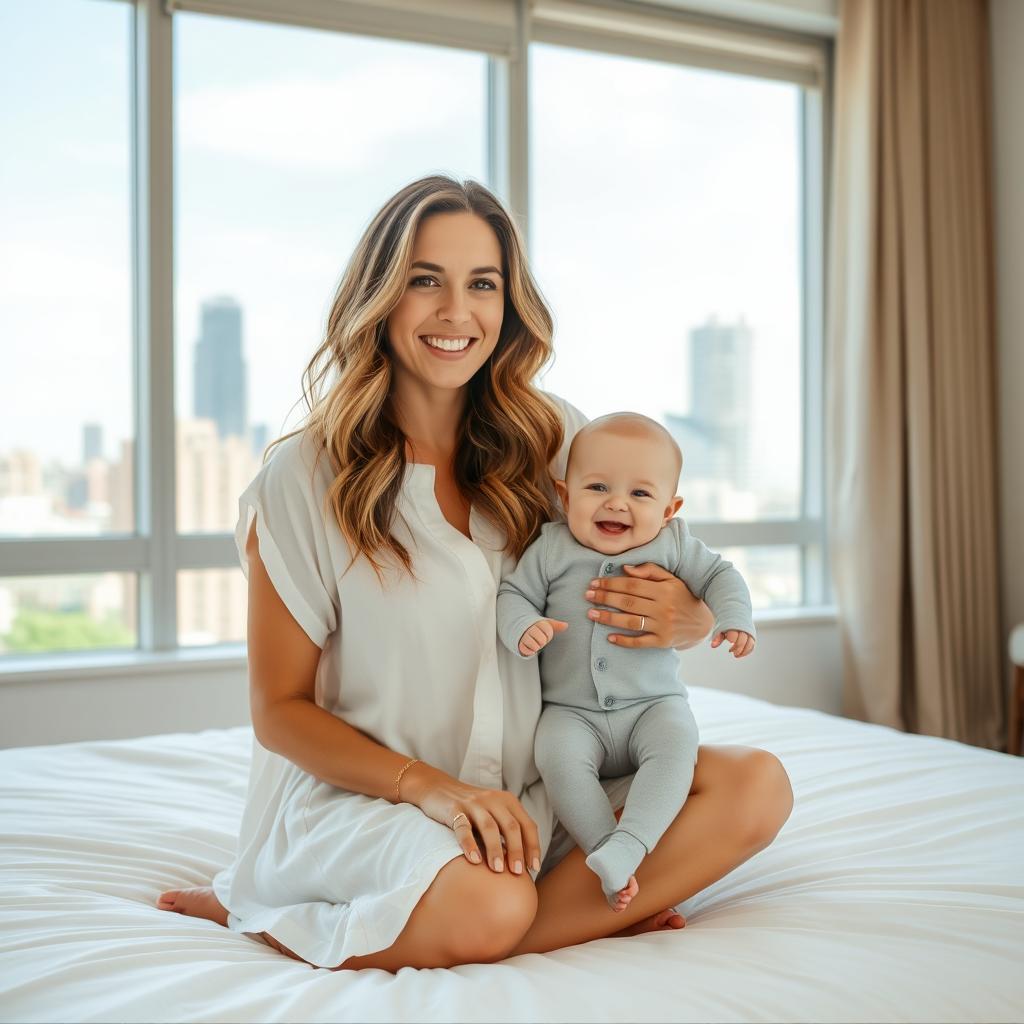 A smiling woman with long, wavy hair sits on a white bed, wearing a loose, white button-up dress, holding a cheerful baby in a light gray onesie