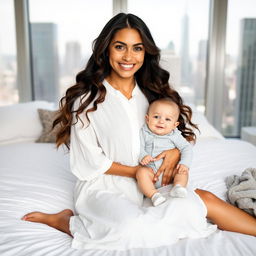 A smiling woman with long, wavy hair sits on a white bed, wearing a loose, white button-up dress, holding a cheerful baby in a light gray onesie