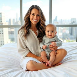 A smiling woman with long, wavy hair sits on a white bed, wearing a loose, white button-up dress, holding a cheerful baby in a light gray onesie