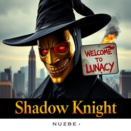 A parody of "The Dark Knight" poster featuring a man in a black wide-brimmed puritan witch hat and black coat