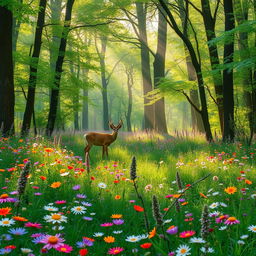 A tranquil spring forest glade abundant with vibrant wildflowers that add a splash of color to the lush green landscape