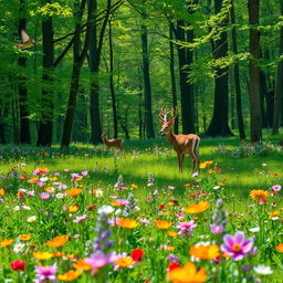 A tranquil spring forest glade abundant with vibrant wildflowers that add a splash of color to the lush green landscape