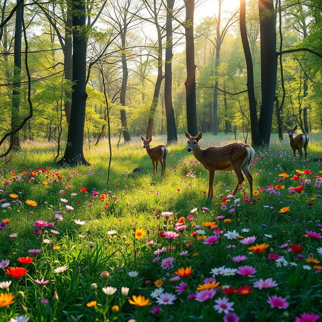 A tranquil spring forest glade abundant with vibrant wildflowers that add a splash of color to the lush green landscape