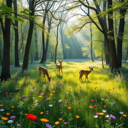 A tranquil spring forest glade abundant with vibrant wildflowers that add a splash of color to the lush green landscape