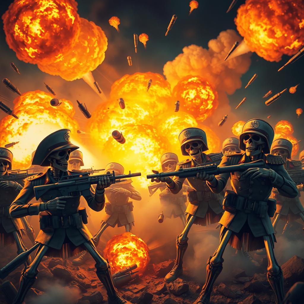 Military calaveras engaged in intense combat, surrounded by explosions and chaos