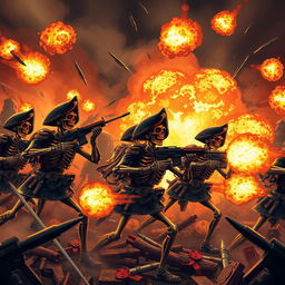 Military calaveras engaged in intense combat, surrounded by explosions and chaos