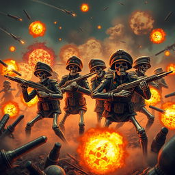 Military calaveras engaged in intense combat, surrounded by explosions and chaos