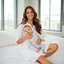 A smiling woman with long, wavy hair sits on a white bed, wearing a loose, white button-up dress, holding a cheerful baby in a light gray onesie