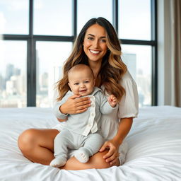 A smiling woman with long, wavy hair sits on a white bed, wearing a loose, white button-up dress, holding a cheerful baby in a light gray onesie