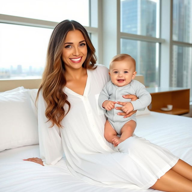 A smiling woman with long, wavy hair sits on a white bed, wearing a loose, white button-up dress, holding a cheerful baby in a light gray onesie