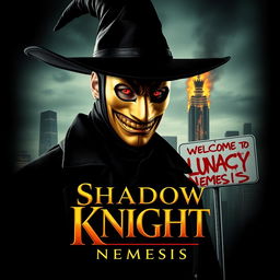 A parody of "The Dark Knight" poster featuring a man in a black wide-brimmed puritan witch hat and black coat