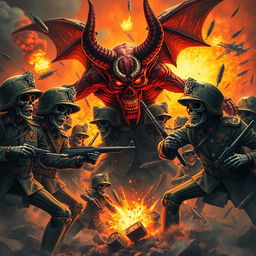 Military calaveras engaged in fierce combat with a wrathful devil, surrounded by explosions and chaos