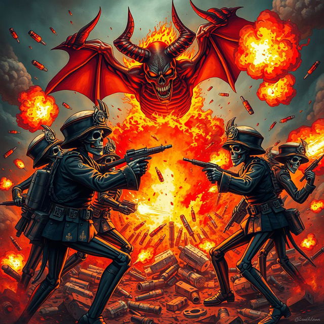 Military calaveras engaged in fierce combat with a wrathful devil, surrounded by explosions and chaos