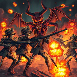 Military calaveras engaged in fierce combat with a wrathful devil, surrounded by explosions and chaos