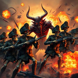 Military calaveras engaged in fierce combat with a wrathful devil, surrounded by explosions and chaos