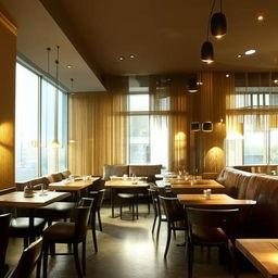 An upscale restaurant interior with high ceilings, elegant lighting fixtures, large windows, and well-placed art. The furniture is modern, comfortable, and stylish, and the overall atmosphere is warm and inviting.