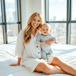 A smiling woman with long, wavy hair sits on a white bed, wearing a loose, white button-up dress, holding a cheerful baby in a light gray onesie