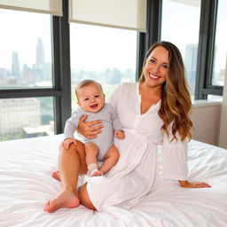 A smiling woman with long, wavy hair sits on a white bed, wearing a loose, white button-up dress, holding a cheerful baby in a light gray onesie