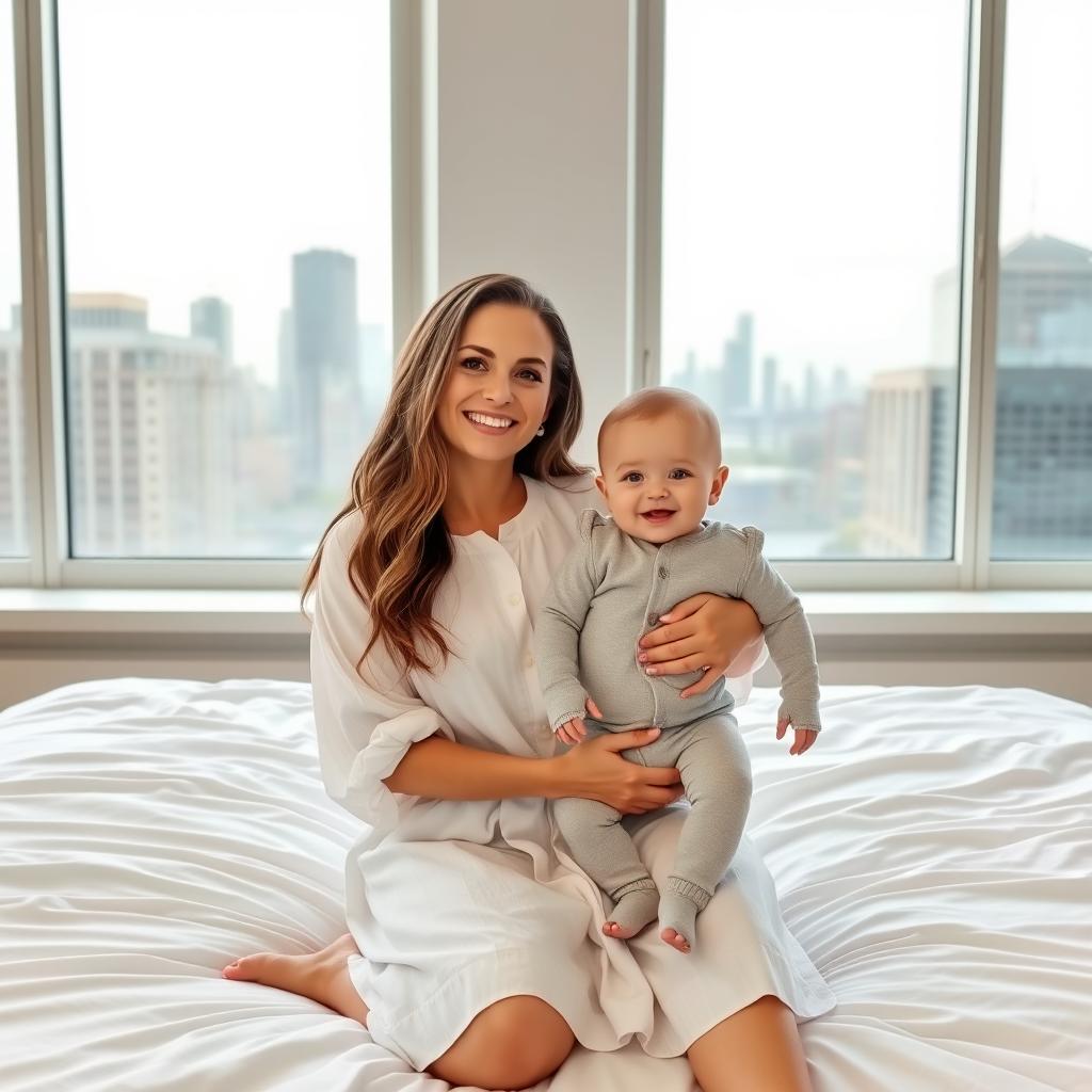 A smiling woman with long, wavy hair sits on a white bed, wearing a loose, white button-up dress, holding a cheerful baby in a light gray onesie