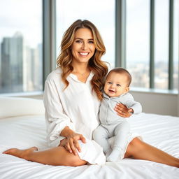 A smiling woman with long, wavy hair sits on a white bed, wearing a loose, white button-up dress, holding a cheerful baby in a light gray onesie