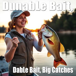 A young woman excitedly bass fishing by a picturesque lake at sunrise, wearing a stylish outdoor vest and baseball cap