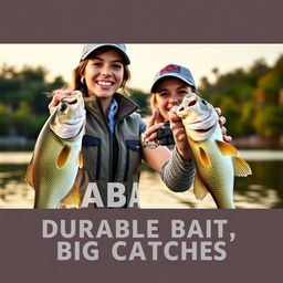 A young woman excitedly bass fishing by a picturesque lake at sunrise, wearing a stylish outdoor vest and baseball cap