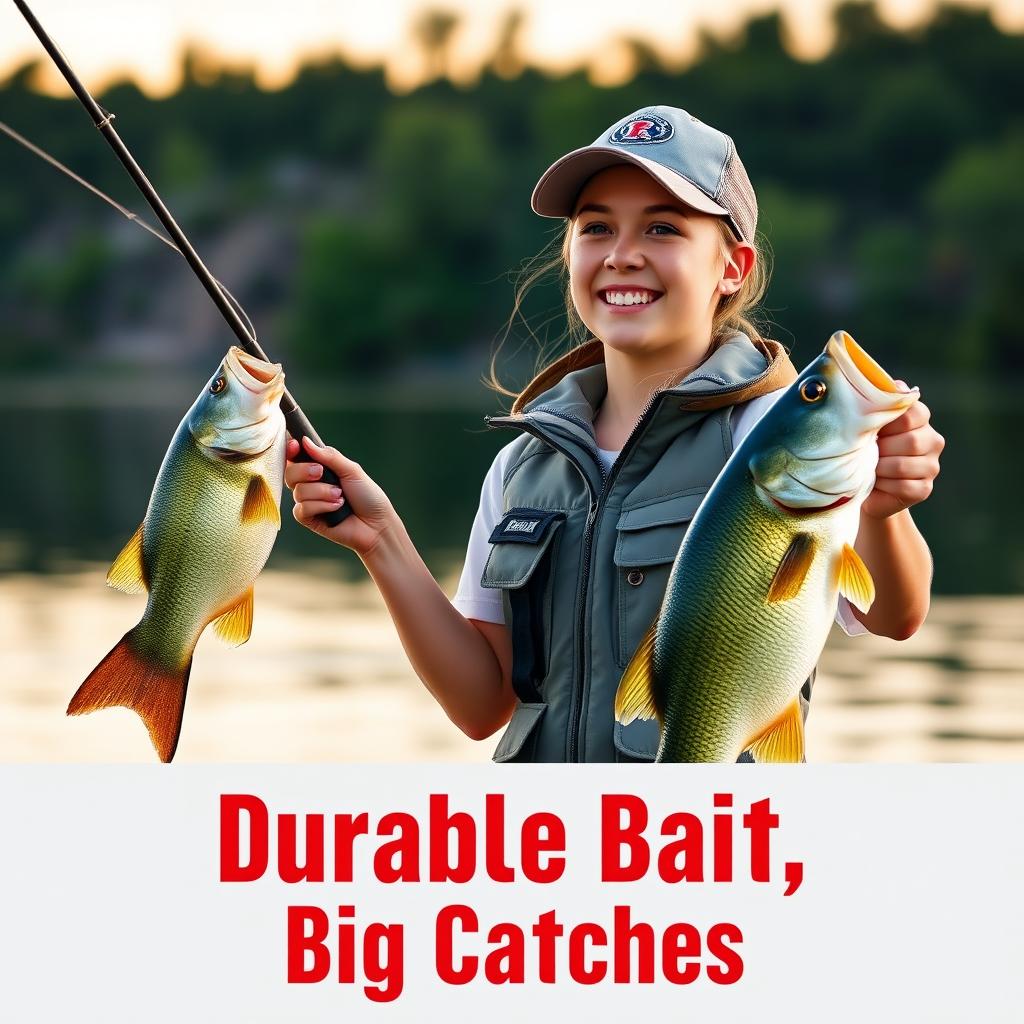 A young woman excitedly bass fishing by a picturesque lake at sunrise, wearing a stylish outdoor vest and baseball cap