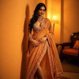 A confident, alluring woman wearing a seductive mekhela chadar, styled with an elegant touch