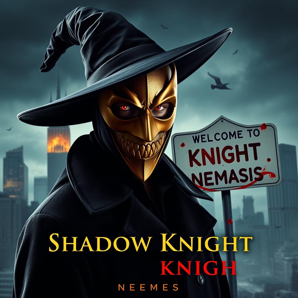 A parody of "The Dark Knight" poster featuring a man in a black wide-brimmed puritan witch hat and black coat