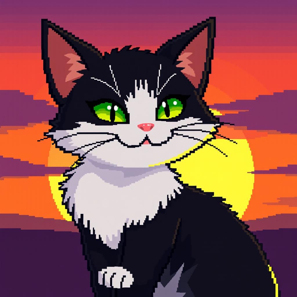 A captivating cat in pixel art style, with sleek black and white fur, bright green eyes, and a mischievous smile, set against a gradient sunset background