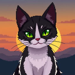 A captivating cat in pixel art style, with sleek black and white fur, bright green eyes, and a mischievous smile, set against a gradient sunset background