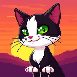 A captivating cat in pixel art style, with sleek black and white fur, bright green eyes, and a mischievous smile, set against a gradient sunset background