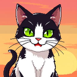 A captivating cat in pixel art style, with sleek black and white fur, bright green eyes, and a mischievous smile, set against a gradient sunset background