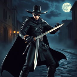 A dynamic scene featuring the legendary masked hero Zorro, clad in his signature black attire with a flowing cape, a wide-brimmed black hat, and a mask that covers his eyes