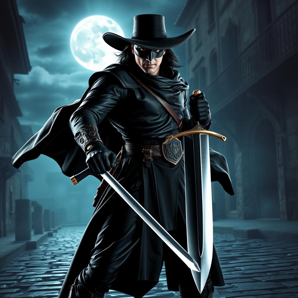 A dynamic scene featuring the legendary masked hero Zorro, clad in his signature black attire with a flowing cape, a wide-brimmed black hat, and a mask that covers his eyes