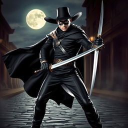 A dynamic scene featuring the legendary masked hero Zorro, clad in his signature black attire with a flowing cape, a wide-brimmed black hat, and a mask that covers his eyes