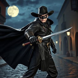 A dynamic scene featuring the legendary masked hero Zorro, clad in his signature black attire with a flowing cape, a wide-brimmed black hat, and a mask that covers his eyes