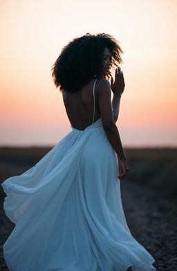 A metaphysical black woman with curly hair, wearing a flowing white gown, gracefully waving goodbye while walking away