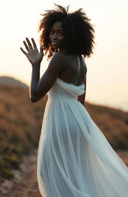 A metaphysical black woman with curly hair, wearing a flowing white gown, gracefully waving goodbye while walking away