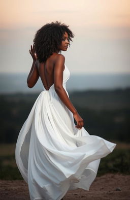 A metaphysical black woman with curly hair, wearing a flowing white gown, gracefully waving goodbye while walking away